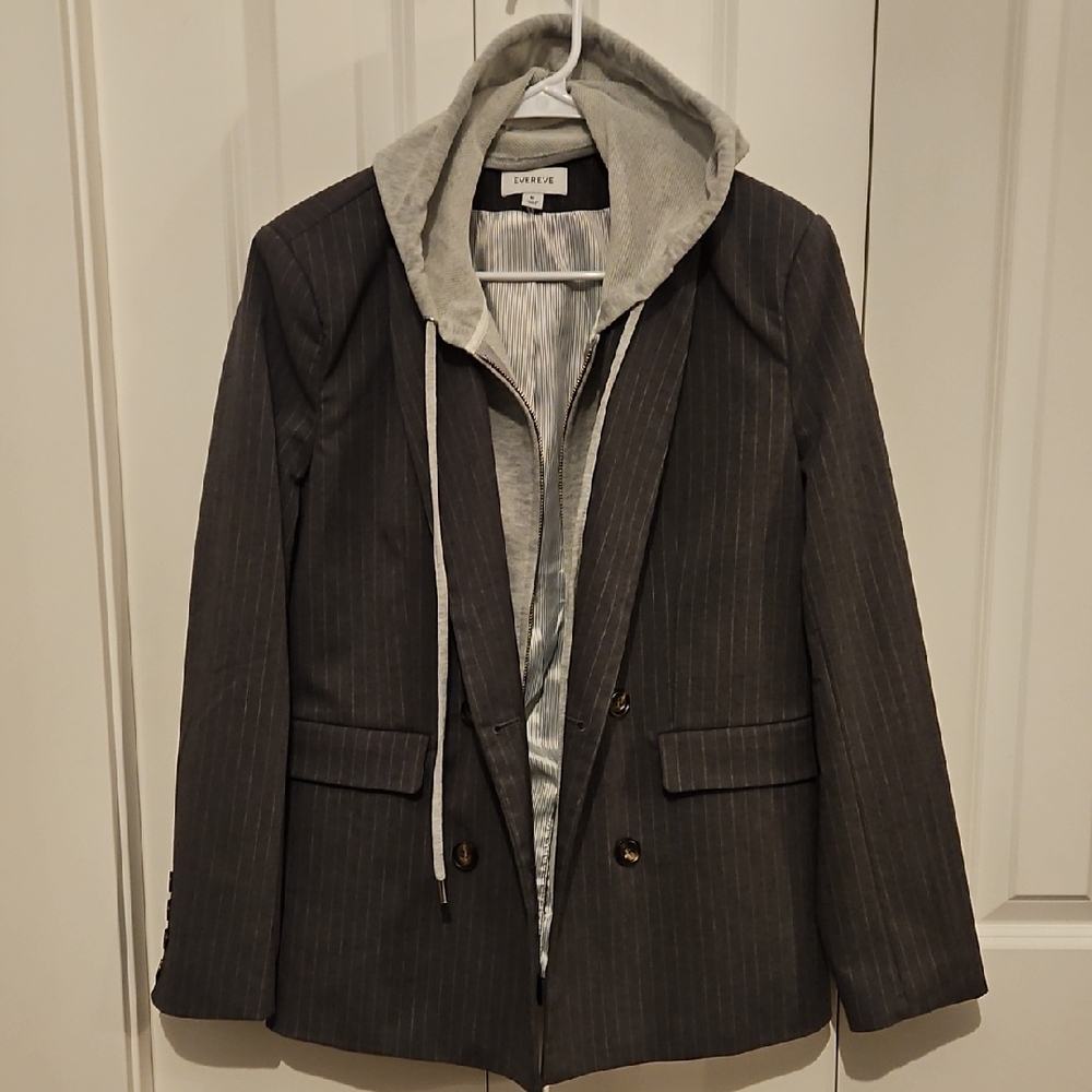Forever 21 Women's Gray Pinstripe Blazer with Attached Gray Hoodie